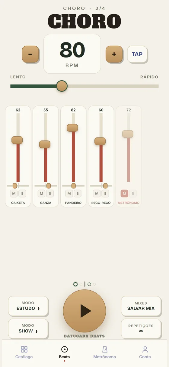 Tela do mixer com um fader por instrumento